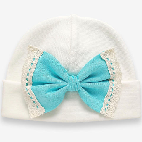 'Vintage Bow' Baby Hat Ivory // Turquoise