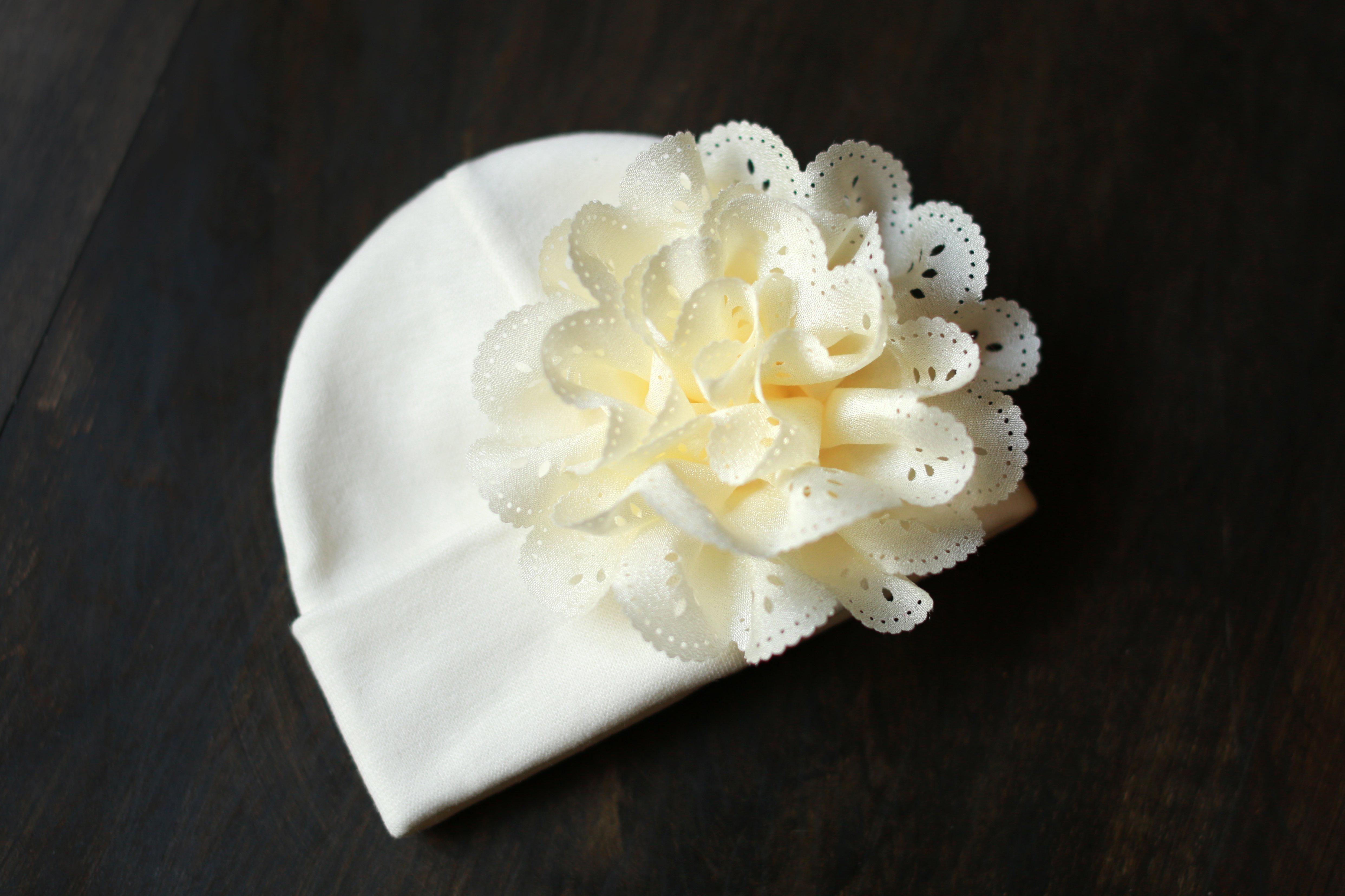 'Eyelet' Flower Hospital Hat // Cream-Flower Hospital Hats-UniqueKidz