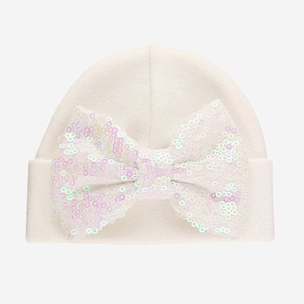 'Shimmer Bow' Baby Hat // Pearl
